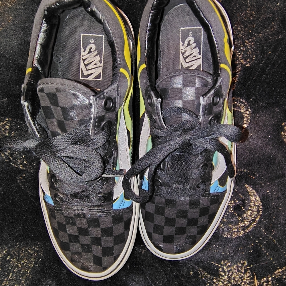 Vans Kids Black Checkered Sneakers with Blue and Yellow Accents